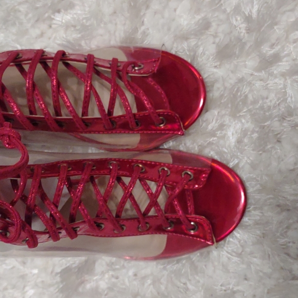 Red Lace up Peep-Toe Booties - Picture 7 of 7